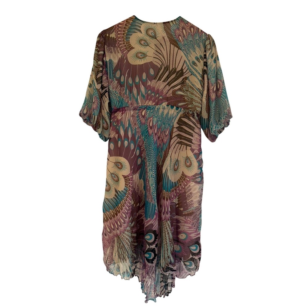 Tricia Fix Silk Peacock Print Dress Purple Teal Boho V-Neck Medium Made in USA - Picture 3 of 5